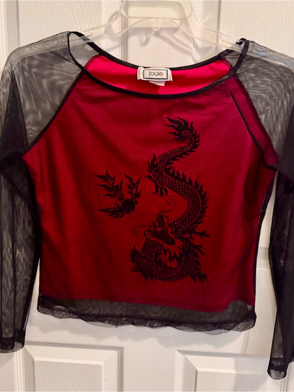 Joules Red Long-Sleeve Mesh Top with Black Dragon Motif
